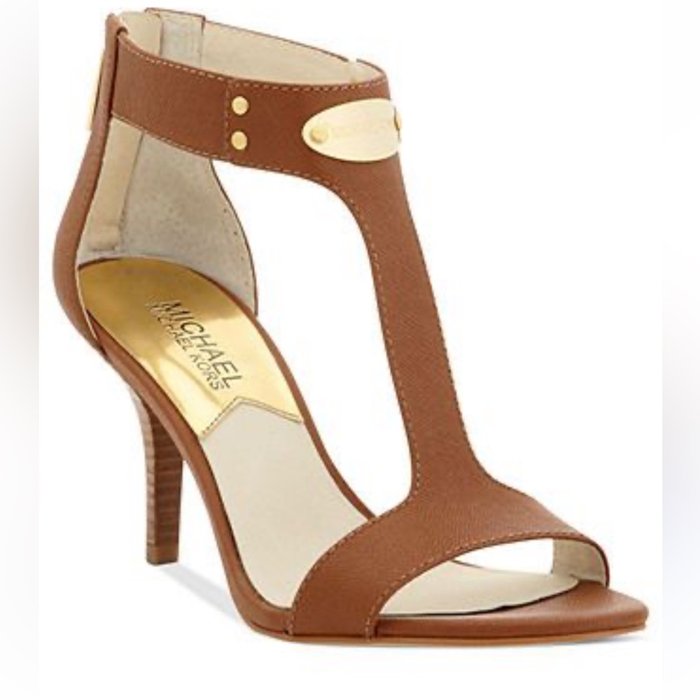 Michael Kors MK Gold Logo Plate T Strap luggage sandal heel Size 6.5